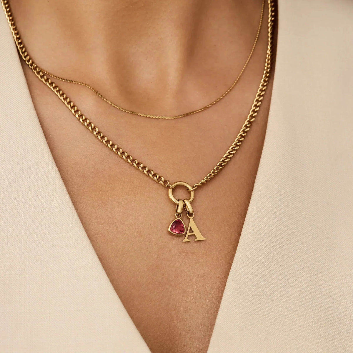 Initial Birthstone Curb Chain Necklace