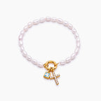 Pearl Birthstone Cross Charm Bracelet